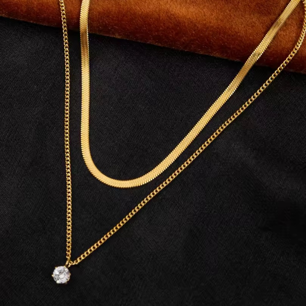 NEW 18K GOLD PLATED DOUBLE LAYER SNAKE + CUBAN CHAIN NECKLACE W/CHARM – “LUXÉNA” - Picture 3 of 4